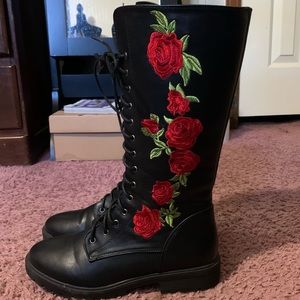 🥰 Forever 21 Red Roses Calf-High Combat Boots